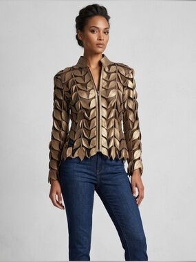 Kanar Genuine Gold Leather Leaf 3D Textured Mesh Zip Jacket size L